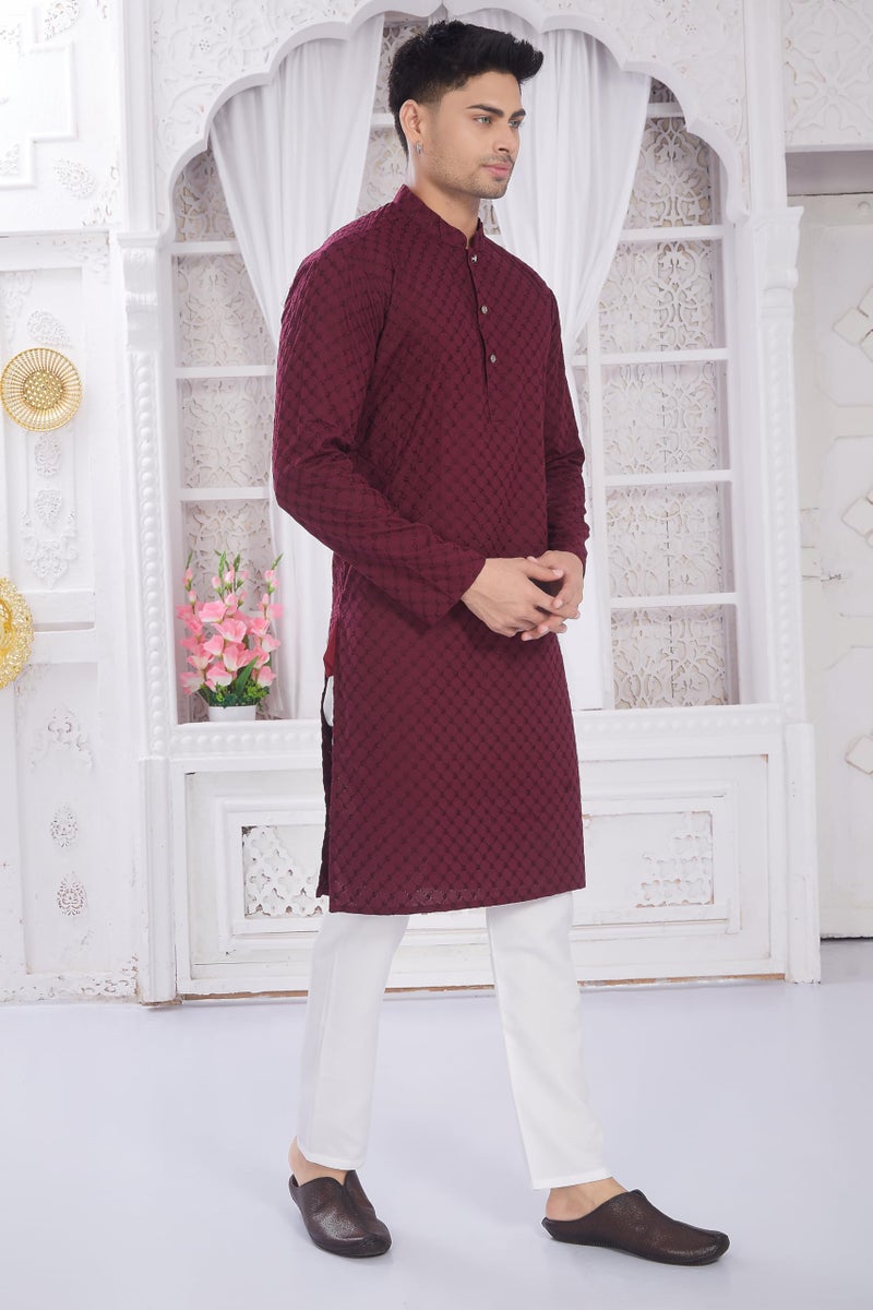 DIVISIVE Men's Thread Embroidered Cotton Only Slim Fit Kurta (DKRT631_6XL_Burgundy) - Image 3