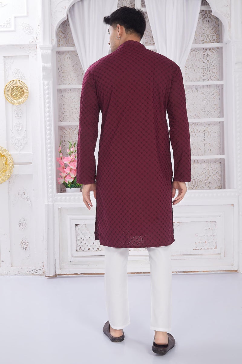 DIVISIVE Men's Thread Embroidered Cotton Only Slim Fit Kurta (DKRT631_6XL_Burgundy) - Image 4