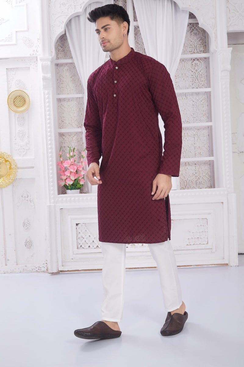 DIVISIVE Men's Thread Embroidered Cotton Only Slim Fit Kurta (DKRT631_6XL_Burgundy) - Image 2