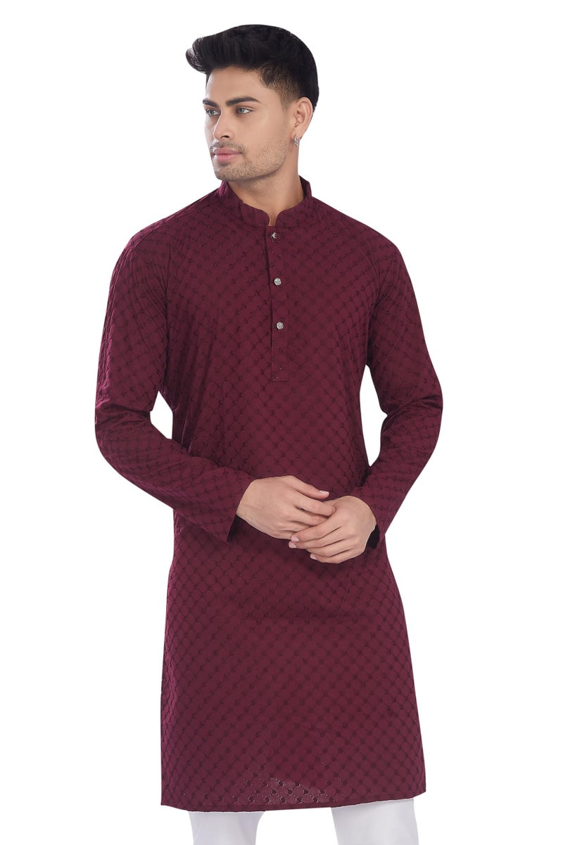 DIVISIVE Men's Thread Embroidered Cotton Only Slim Fit Kurta (DKRT631_6XL_Burgundy) - Image 1
