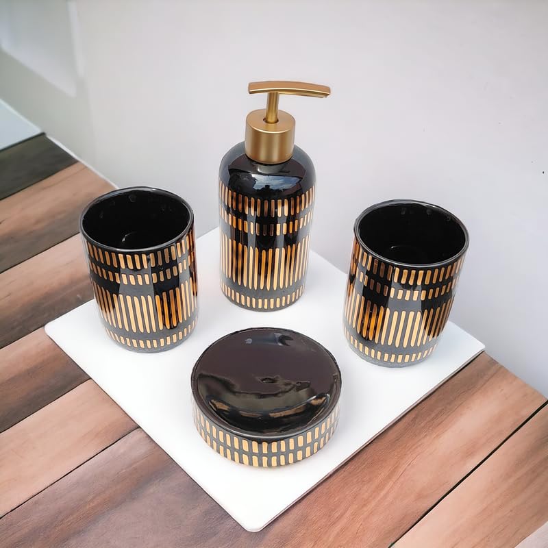 Whizzo Luxury Bathroom Accessories Set Ceramic Including 4 Piece Bathroom Accessories Set Soap Dispenser Toothbrush Holder Tumbler Soap Dish Best Gifitng Option Black - Image 3