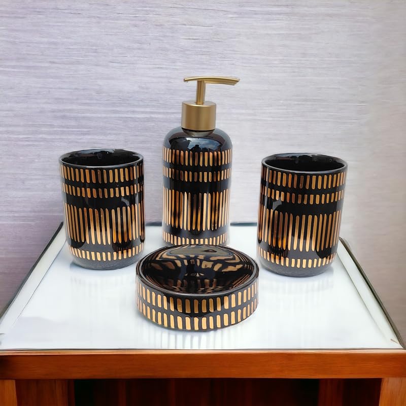 Whizzo Luxury Bathroom Accessories Set Ceramic Including 4 Piece Bathroom Accessories Set Soap Dispenser Toothbrush Holder Tumbler Soap Dish Best Gifitng Option Black - Image 1