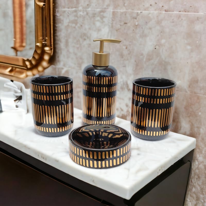 Whizzo Luxury Bathroom Accessories Set Ceramic Including 4 Piece Bathroom Accessories Set Soap Dispenser Toothbrush Holder Tumbler Soap Dish Best Gifitng Option Black - Image 2