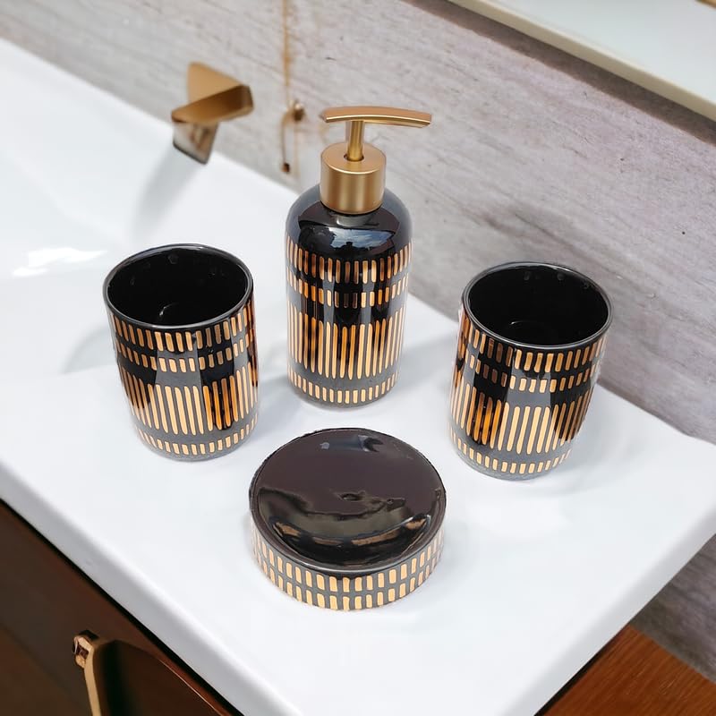 Whizzo Luxury Bathroom Accessories Set Ceramic Including 4 Piece Bathroom Accessories Set Soap Dispenser Toothbrush Holder Tumbler Soap Dish Best Gifitng Option Black - Image 5