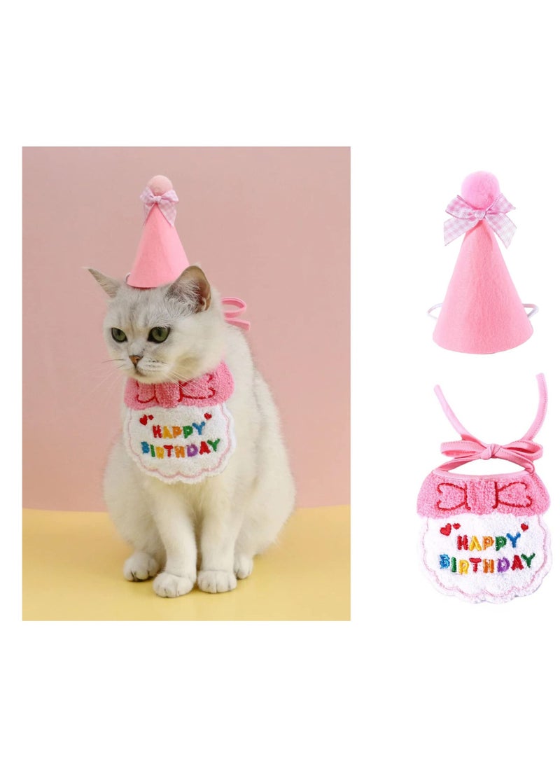 KASTWAVE 2 Pack Birthday Hat Scarf Set for Pet Puppy Cats,  Princess Cat Costumes for Cats, Cute Lace Bandanas for Cats, Pet Birthday Party Decorations Set (Pink) - Image 1