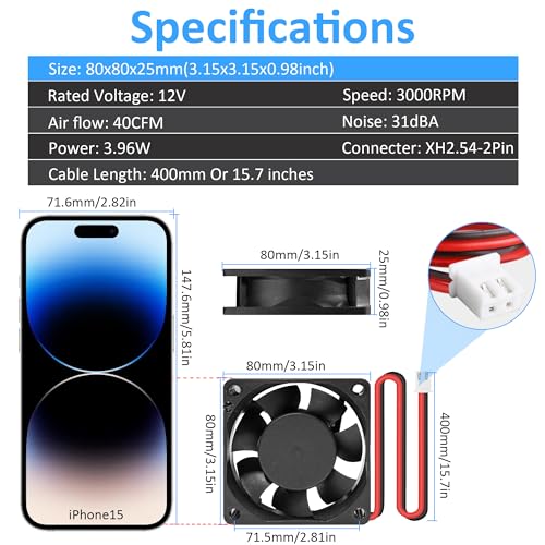 PANO-MOUNTS 80mm 3.15inch 8025 12V DC High-Performance 2-Pin XH2.54 Cooling Fan for PC Power Supply/Electronics Cooling 2-Pack - Image 2