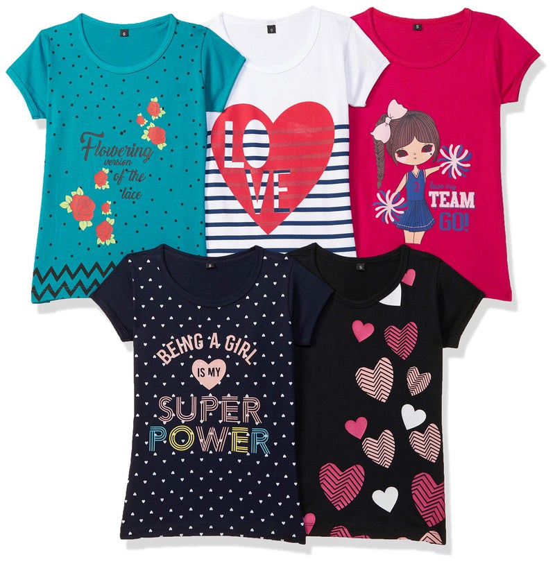 T2F Girl's Cotton Regular Fit T-Shirt(Pack of 5) - Image 5