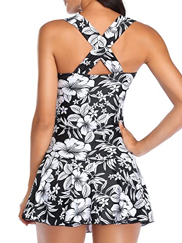 MiYang Women's Swimwear One Piece Slimming Skirt Tummy Control Swimdress Bathing Suit Black Floral Large (US 12-14) - Image 2