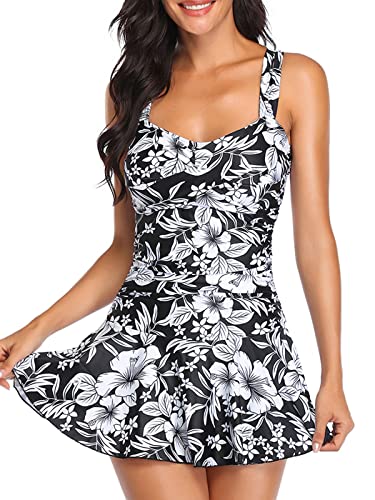 MiYang Women's Swimwear One Piece Slimming Skirt Tummy Control Swimdress Bathing Suit Black Floral Large (US 12-14) - Image 1