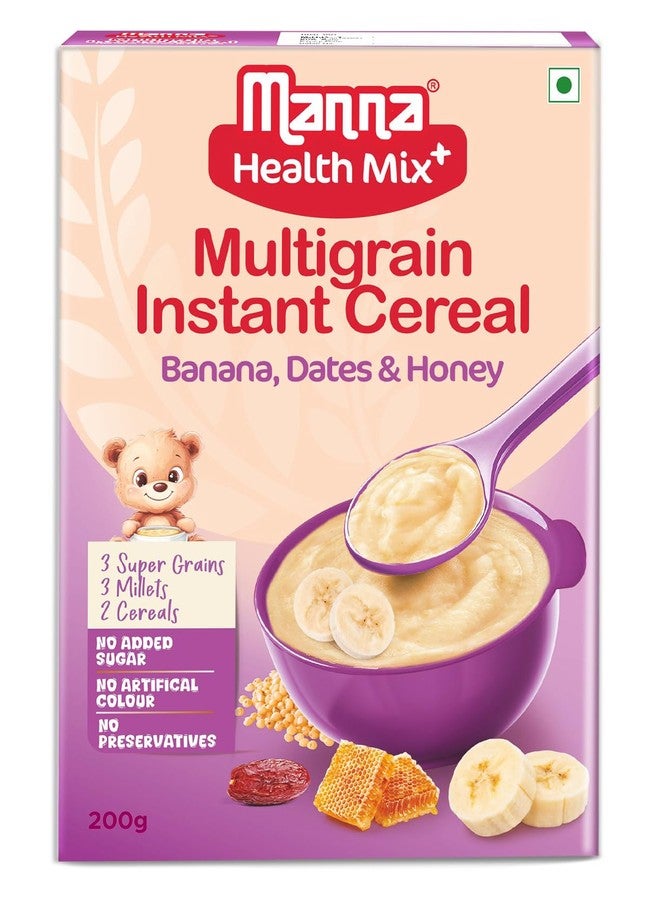 Manna Health Mix Instant Multigrain Cereal, Banana, Dates, Honey with Milk. Made with Real Fruits and 8 Supergrains and Millets. No Added Sugar, No Artificial Color, Flavors 200g - Image 1
