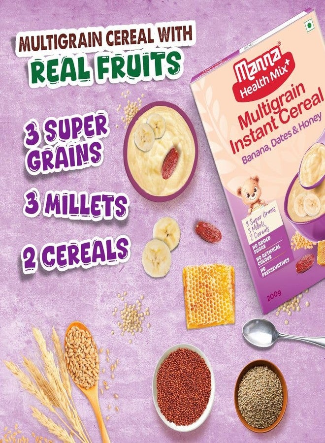 Manna Health Mix Instant Multigrain Cereal, Banana, Dates, Honey with Milk. Made with Real Fruits and 8 Supergrains and Millets. No Added Sugar, No Artificial Color, Flavors 200g - Image 2