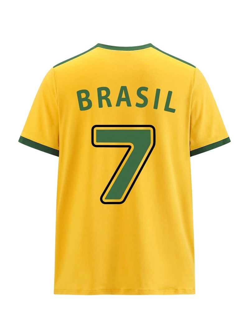WDIRARA Men's Brazil Soccer Jersey Crew Neck Graphic T Shirt Short Sleeve Ringer Tee Yellow Large - Image 1