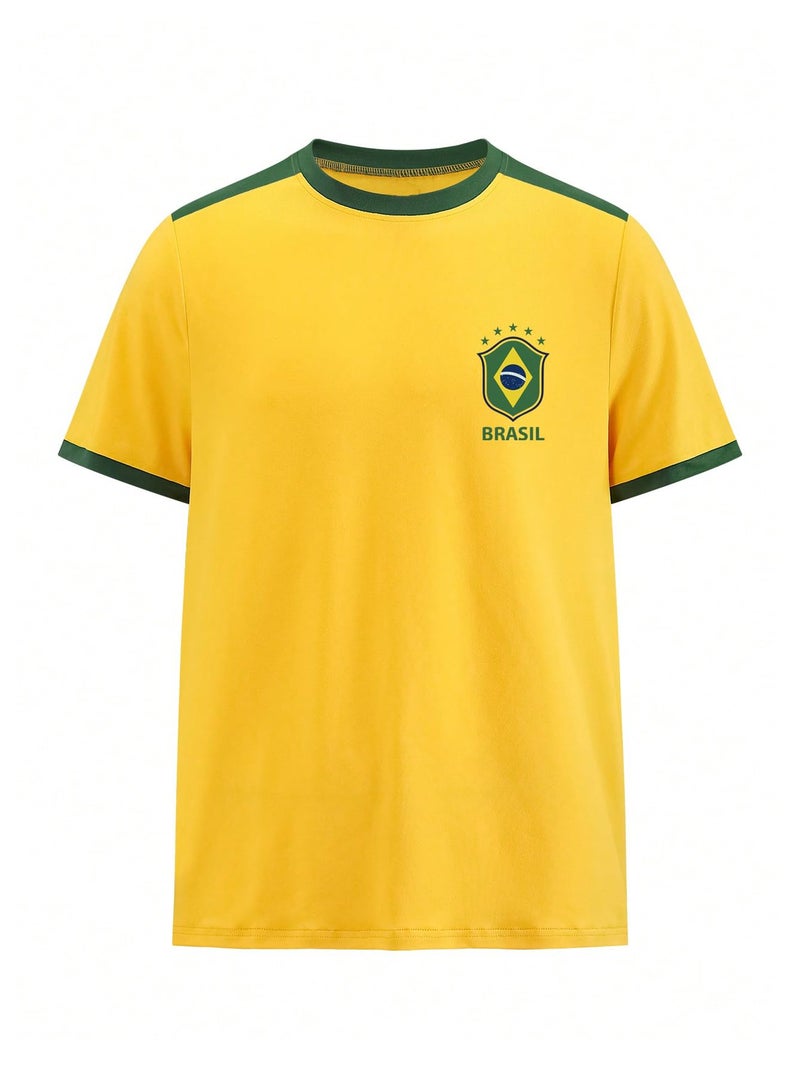 WDIRARA Men's Brazil Soccer Jersey Crew Neck Graphic T Shirt Short Sleeve Ringer Tee Yellow Large - Image 2