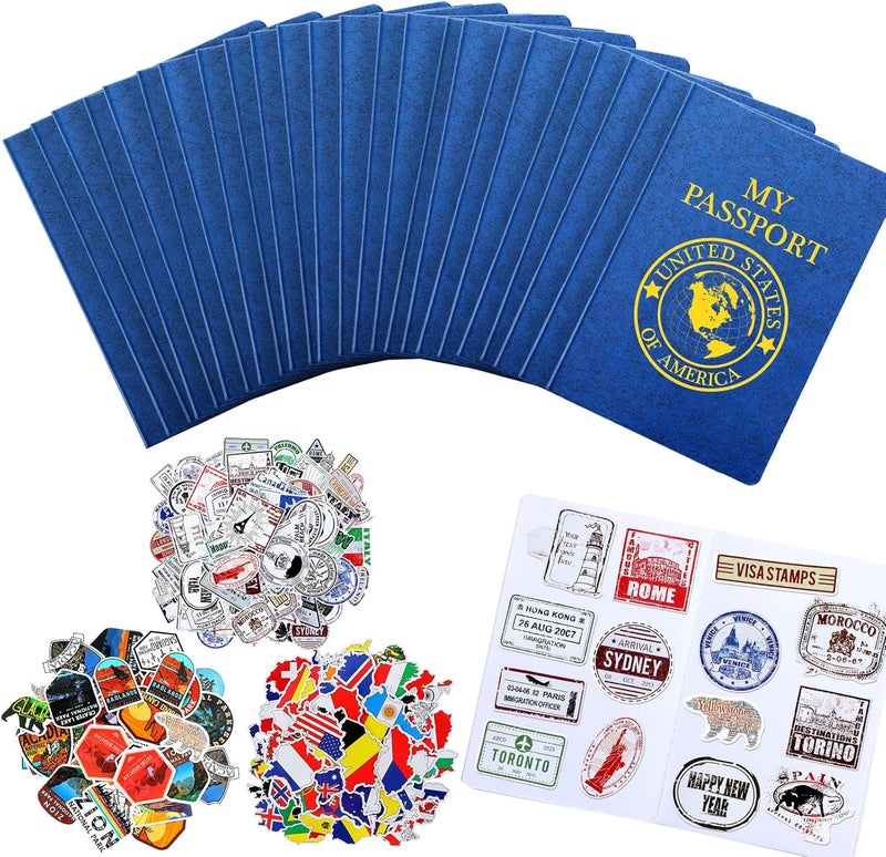 Sureio Sureio 348 Pcs Passport Book Set 24 Blank Passport Books with 324 Assorted Travel Stickers for Scrapbooks Party Favors Wall Decals Arts Crafts Supplies Game Prizes Collections  - Image 1