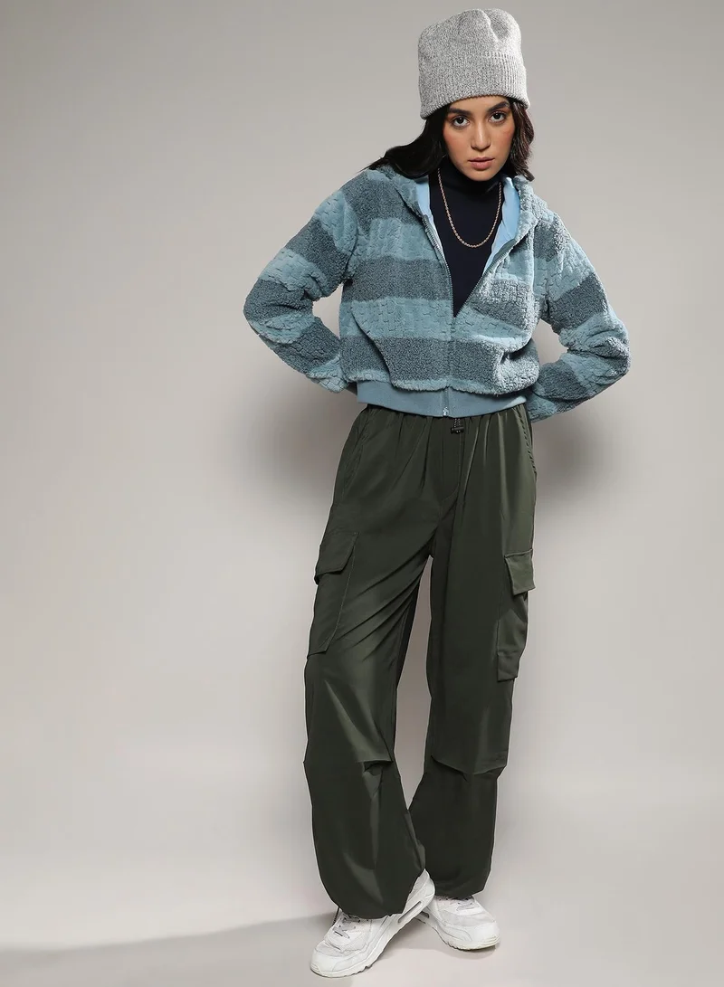 Campus Sutra Women's Steel Blue Fleece Horizontal Striped Jacket