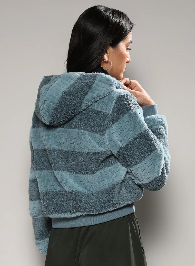 Campus Sutra Women's Steel Blue Fleece Horizontal Striped Jacket