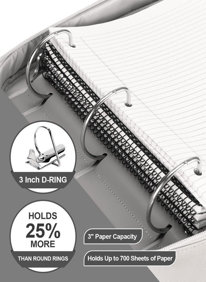 HINOOR 3-Inch 3-Ring Zipper Binder with Shoulder Strap, D-Ring Zip Up Binder with 700 Sheets Capacity, Compatible with 13" MacBook, Zippered Binder Bag for Middle School (Gray) - Image 2