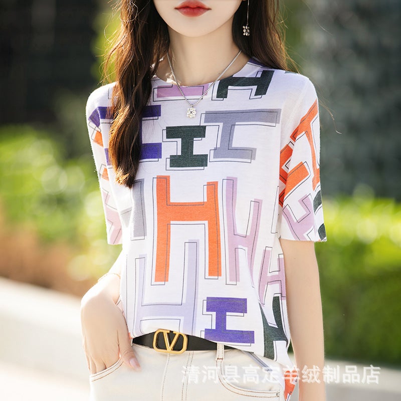 There Is Always A Suitable One-Summer Classic Joker Mulberry Silk Various Printed Pattern Round Neck Short Sleeve T-Shirt - Image 1
