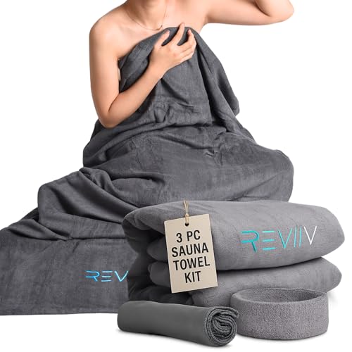 REVIIV Sauna Blanket Insert Towel Kit 3 Pcs Luxuriously Soft Absorbent Sauna Towel Sack with Microfiber Face Cloth Headband Accessories for Infrared Blanket Simplified Cleanup 70 x 30