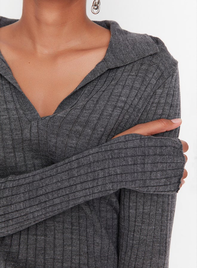 trendyol Anthracite Couple Sleeve Detailed Polo Neck Knitwear Sweater - Image 4