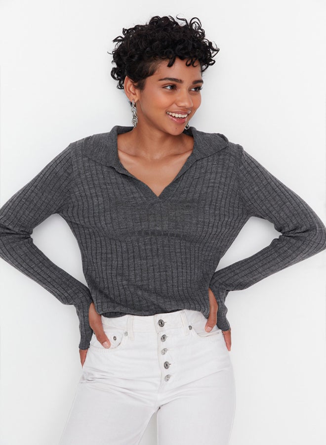 trendyol Anthracite Couple Sleeve Detailed Polo Neck Knitwear Sweater - Image 3