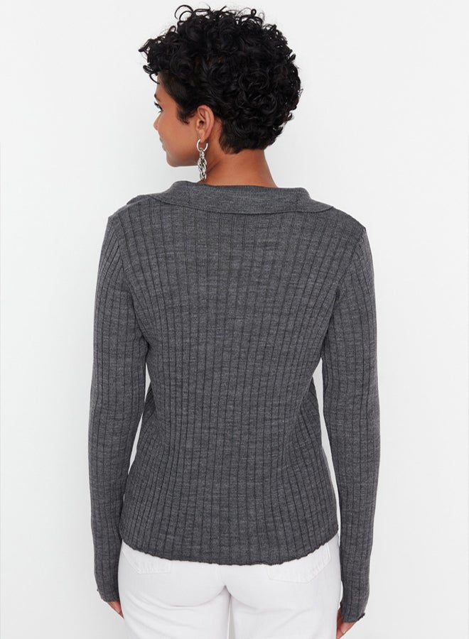 trendyol Anthracite Couple Sleeve Detailed Polo Neck Knitwear Sweater - Image 5