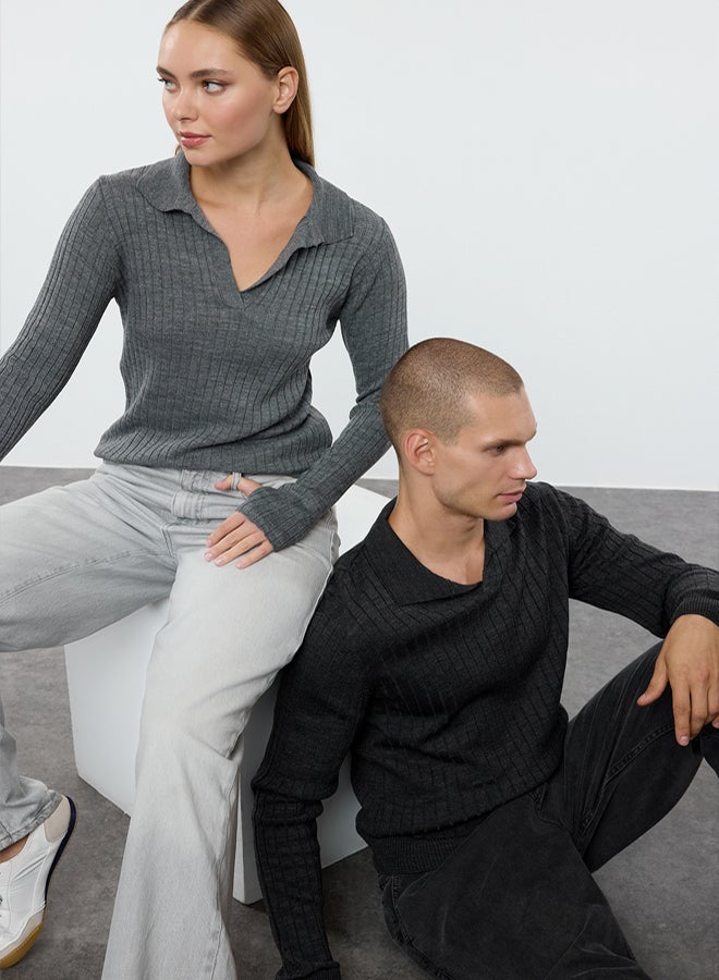 trendyol Anthracite Couple Sleeve Detailed Polo Neck Knitwear Sweater - Image 2
