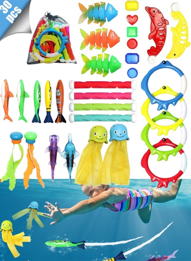 TAPIT 30 Pcs Diving Toys Swimming Pool Toys for Kids Ages 7+ with a Storage Net Bag Pool Dive Toys for Kids Pool Games Swim Summer Water Toys Include Diving Sticks & Pool Rings - Image 1