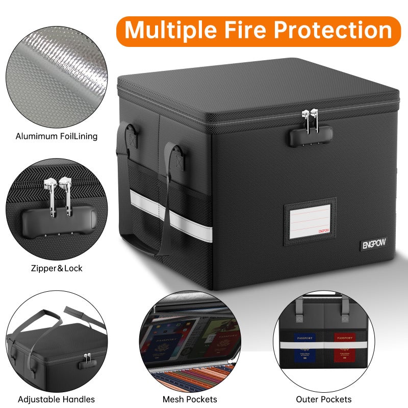 ENGPOW 5200Â°F Fireproof Document Box with Lock, Heat Insulated Collapsible File Storage Organizer with Handle, Portable Home Office File Cabinet for Hanging Letter/Legal Size Folder, Black - Image 5