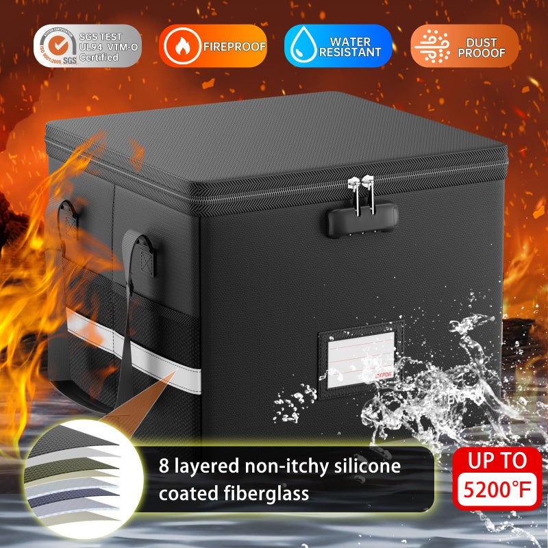 ENGPOW 5200Â°F Fireproof Document Box with Lock, Heat Insulated Collapsible File Storage Organizer with Handle, Portable Home Office File Cabinet for Hanging Letter/Legal Size Folder, Black - Image 3