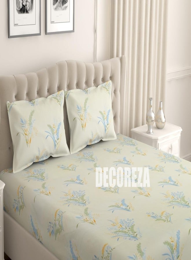 DECOREZA ملاءات سرير ديكوريزا ناعمة الملمس من القطن، ذات جيوب عميقة، 320 خيط، بنقشة زهور، مقاس كينج، ملاءات سرير فاخرة مطاطية مقاس كينج للسرير المزدوج مع غطاءين للوسائد، المقاس: 78 بوصة × 72 بوصة (لون كريمي أزرق). - Image 2