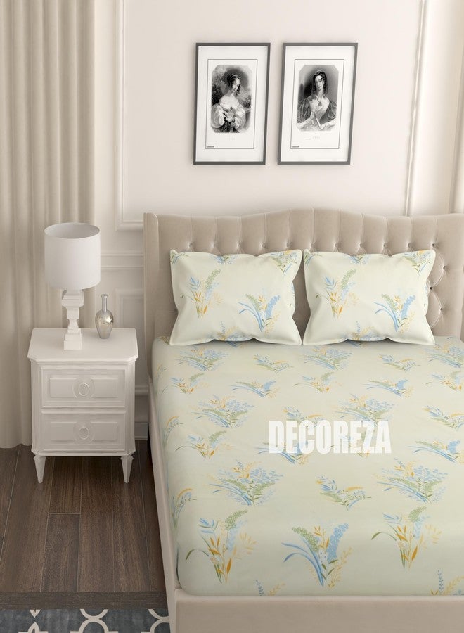 DECOREZA ملاءات سرير ديكوريزا ناعمة الملمس من القطن، ذات جيوب عميقة، 320 خيط، بنقشة زهور، مقاس كينج، ملاءات سرير فاخرة مطاطية مقاس كينج للسرير المزدوج مع غطاءين للوسائد، المقاس: 78 بوصة × 72 بوصة (لون كريمي أزرق). - Image 1