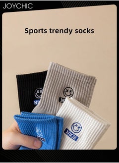 NIBEMINENT 4 Pair of Trendy Men's Spring and Summer Mid-calf Cotton Socks Boys Students Casual Sweat-absorbent Smiling Face Design Sports  - Image 2