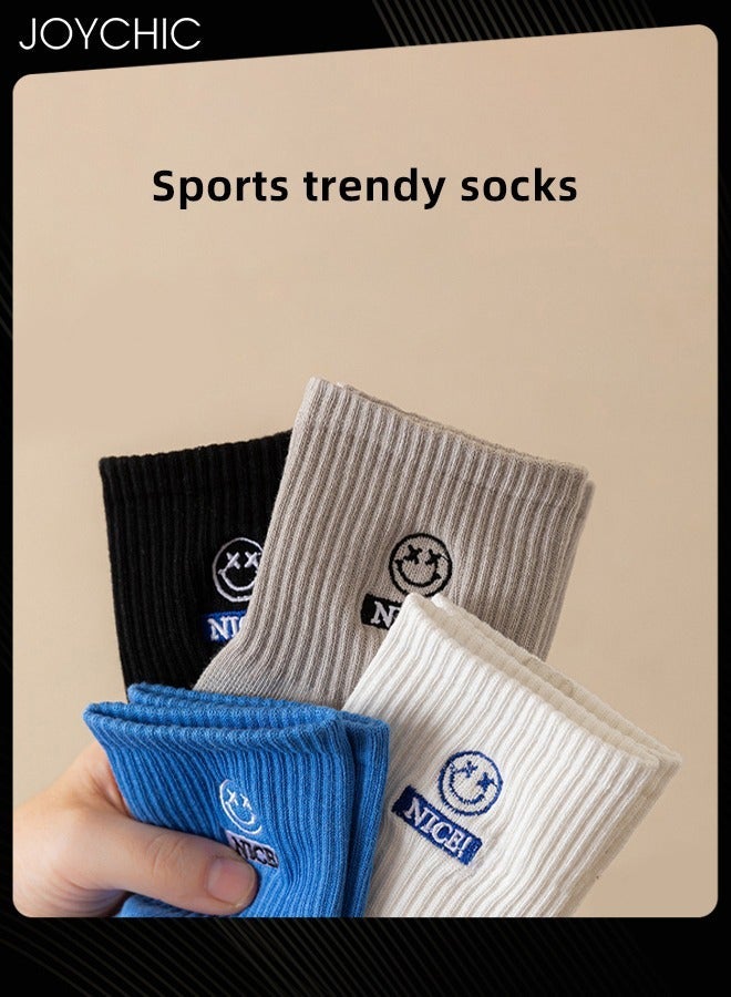 NIBEMINENT 4 Pair of Trendy Men's Spring and Summer Mid-calf Cotton Socks Boys Students Casual Sweat-absorbent Smiling Face Design Sports  - Image 2