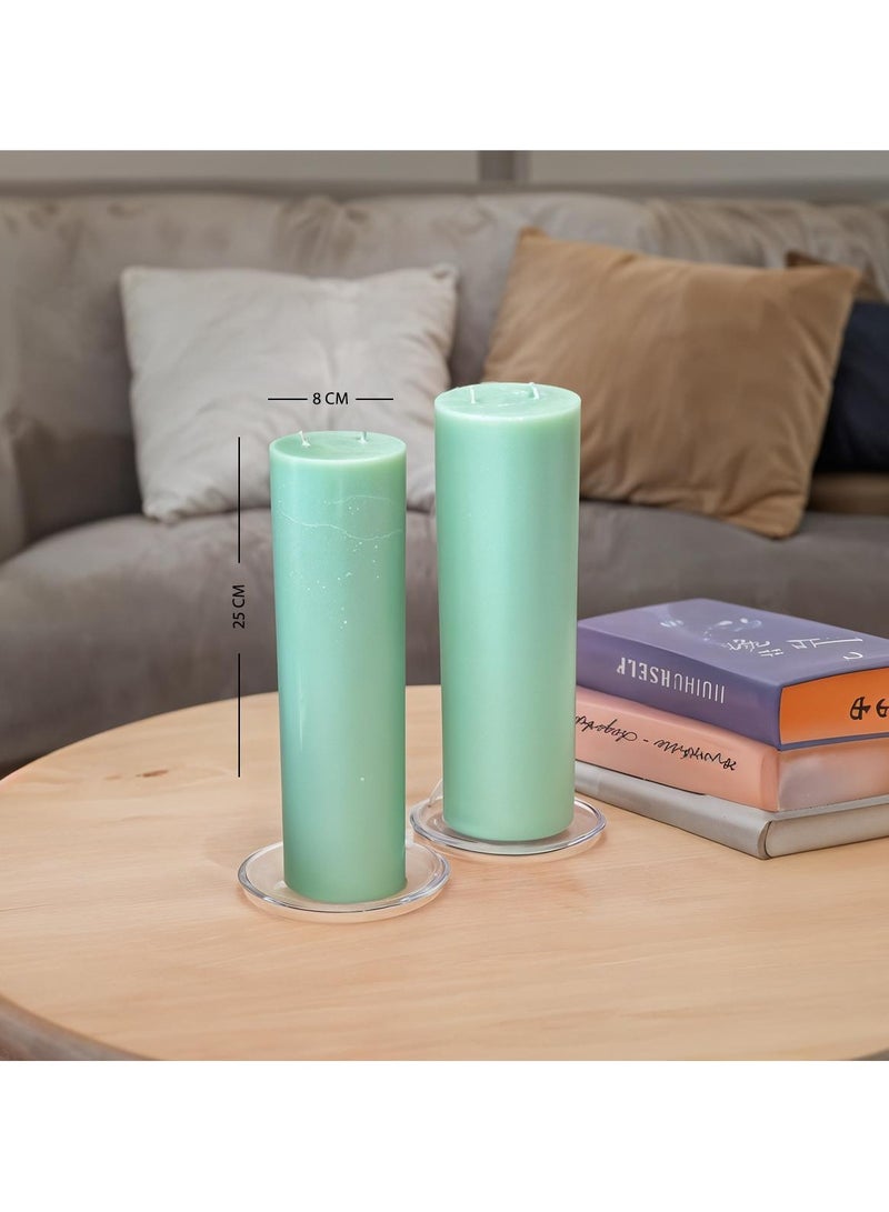 Handmade Set of 2 Pillar Candles with 2 Flame Wicks – Unscented and Dripless – Ideal for Weddings, Events, or as Large Home Candles – Size 8 x 25 cm – Pistachio Color - Image 1