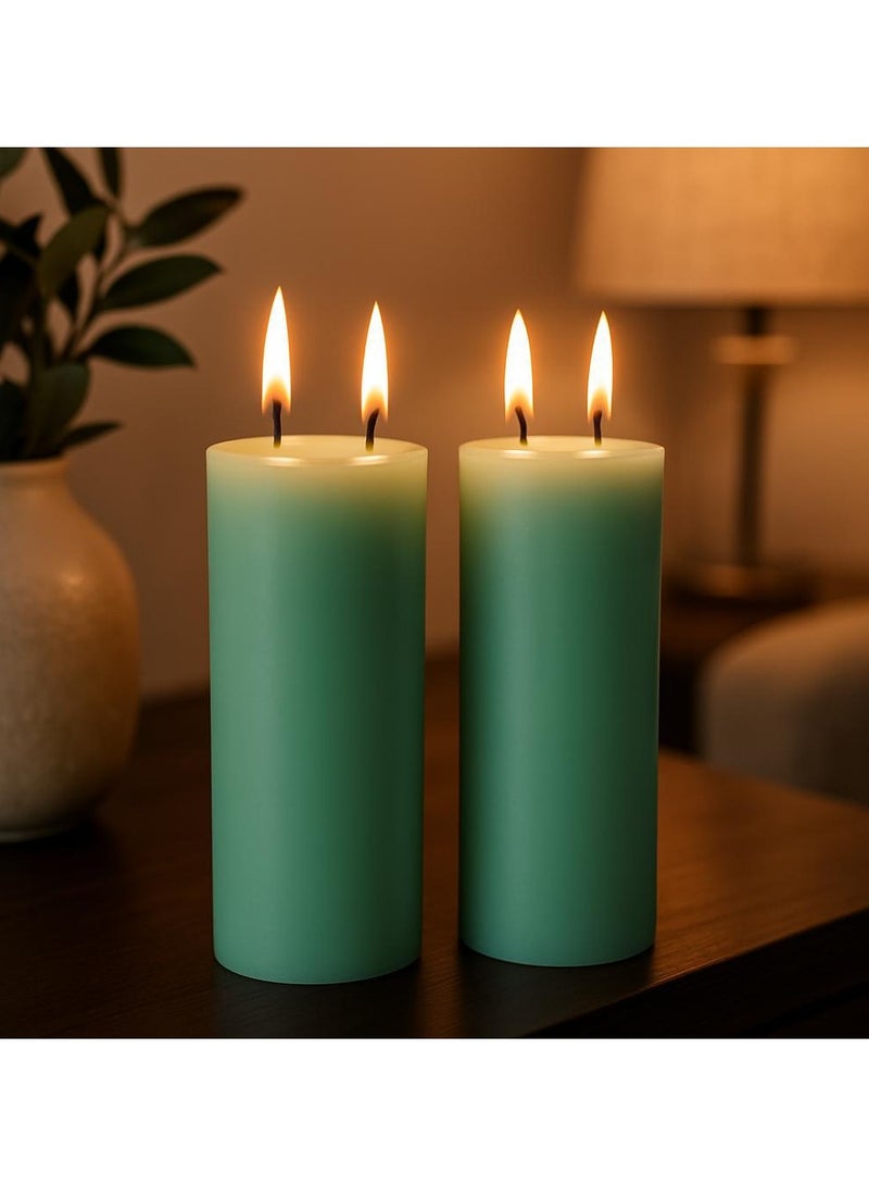 Handmade Set of 2 Pillar Candles with 2 Flame Wicks – Unscented and Dripless – Ideal for Weddings, Events, or as Large Home Candles – Size 8 x 25 cm – Pistachio Color - Image 2