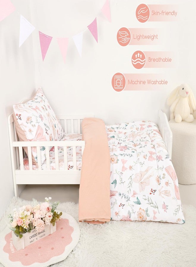 GFU 4 Piece Toddler Bedding Set, Ultra Soft and Breathable Toddler Comforter Sets for Girls Includes Quilted Comforter, Fitted Sheet, Flat Sheet and Pillowcase, Pink Flowers - Image 2