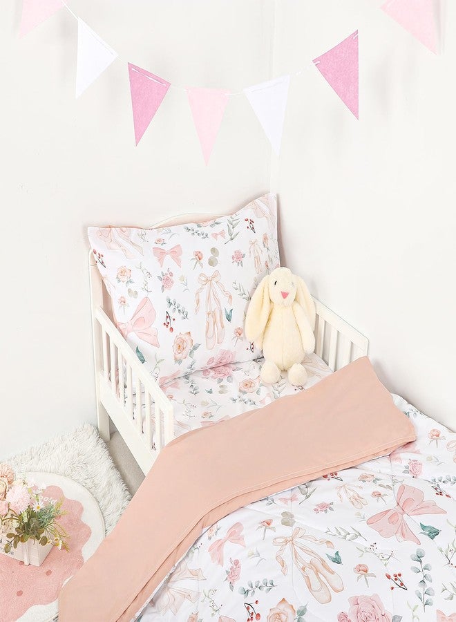 GFU 4 Piece Toddler Bedding Set, Ultra Soft and Breathable Toddler Comforter Sets for Girls Includes Quilted Comforter, Fitted Sheet, Flat Sheet and Pillowcase, Pink Flowers - Image 5