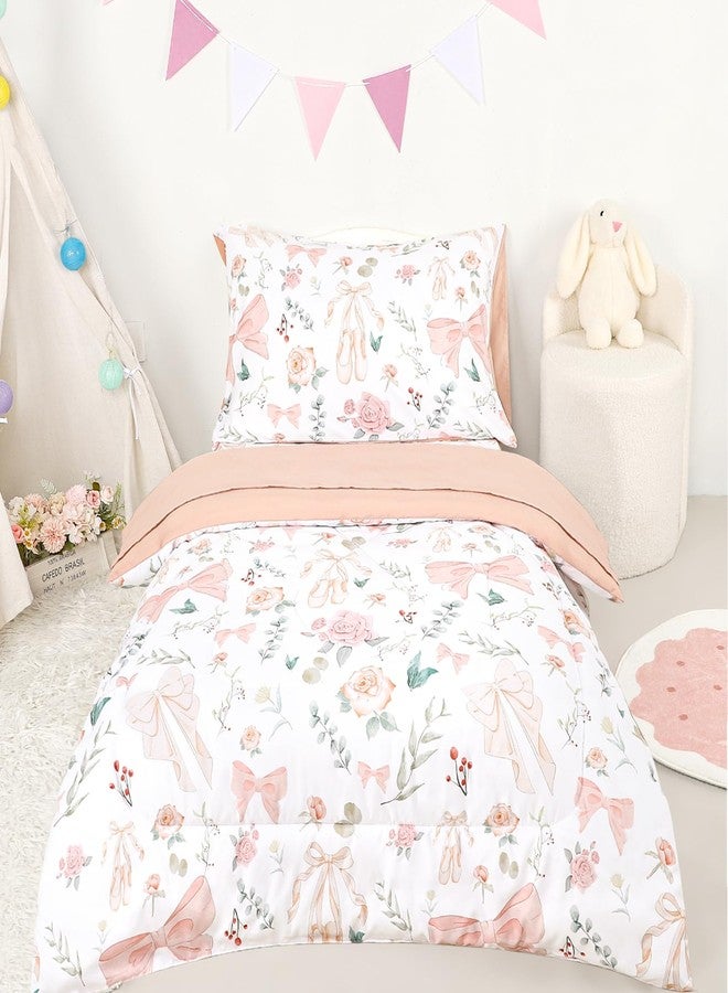 GFU 4 Piece Toddler Bedding Set, Ultra Soft and Breathable Toddler Comforter Sets for Girls Includes Quilted Comforter, Fitted Sheet, Flat Sheet and Pillowcase, Pink Flowers - Image 1