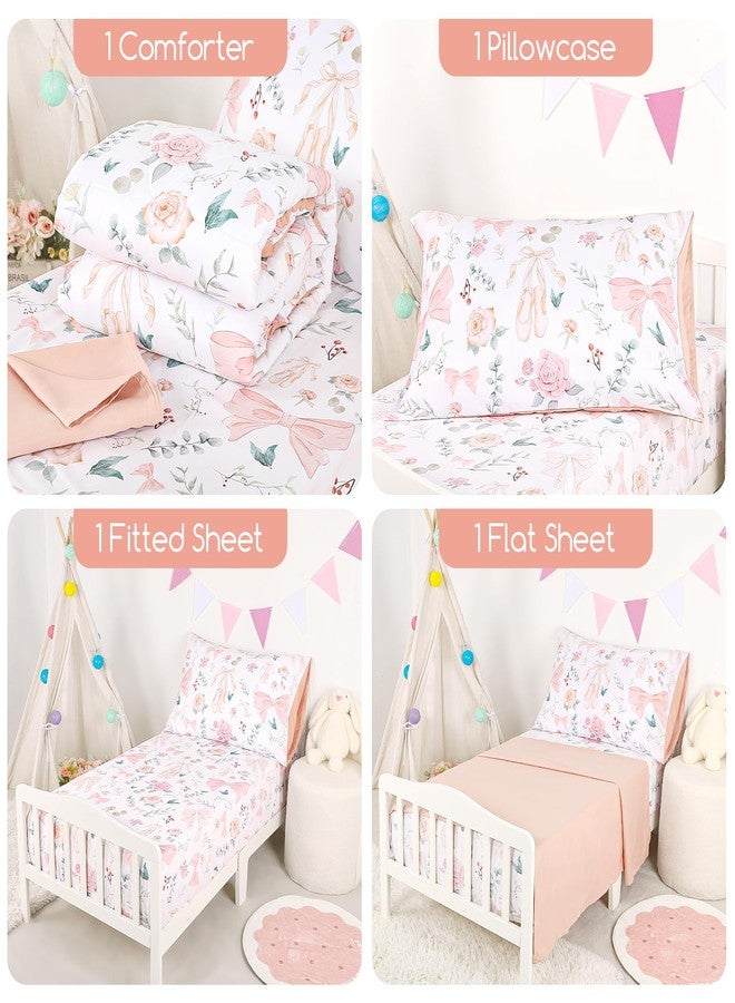 GFU 4 Piece Toddler Bedding Set, Ultra Soft and Breathable Toddler Comforter Sets for Girls Includes Quilted Comforter, Fitted Sheet, Flat Sheet and Pillowcase, Pink Flowers - Image 3