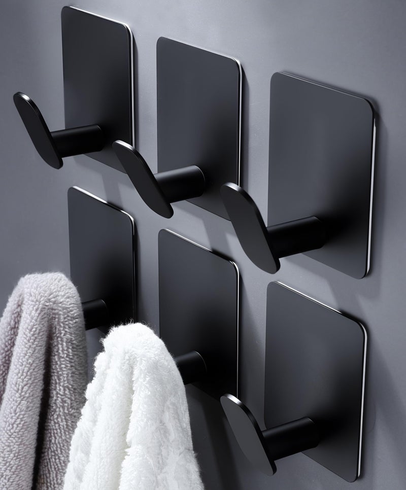 Deliton Black Towel Hook 6 Pack  Stainless Steel Stick On Wall Hooks For Hanging Coat Robe Hat  Self Adhesive Hooks  Heavy Duty  No Damage - Image 1