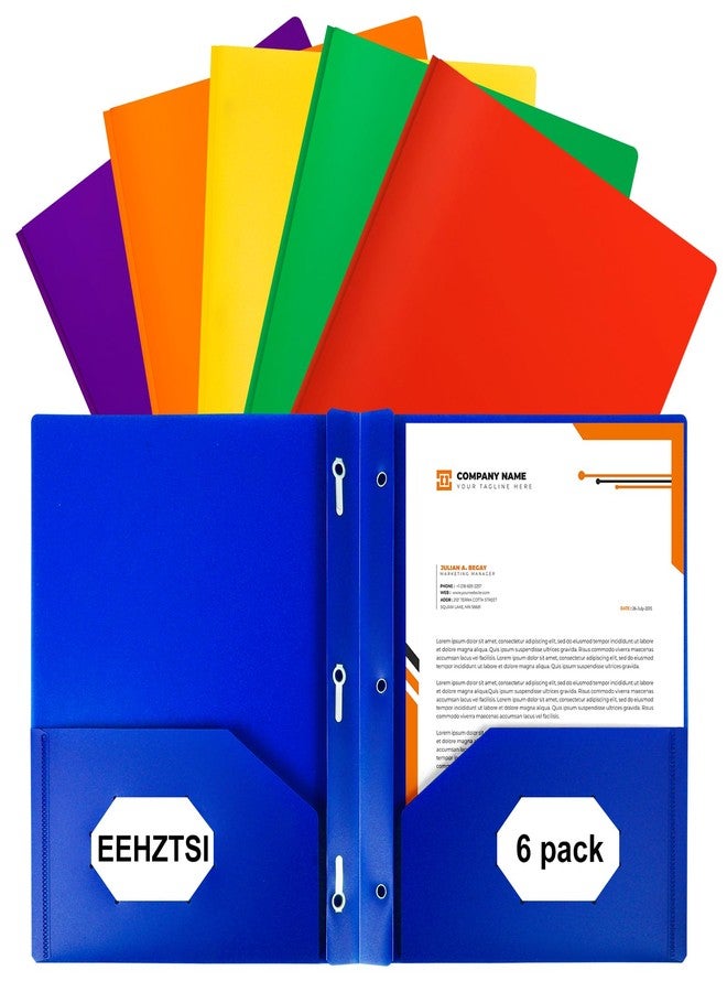 EEHZTSI 6-Pack Plastic Folders with Pockets and Prongs,2-Pocket Folders with 3 Fasteners, Holds 8-1/2" x 11" Paper for School/Office/Home, Assorted - Image 1