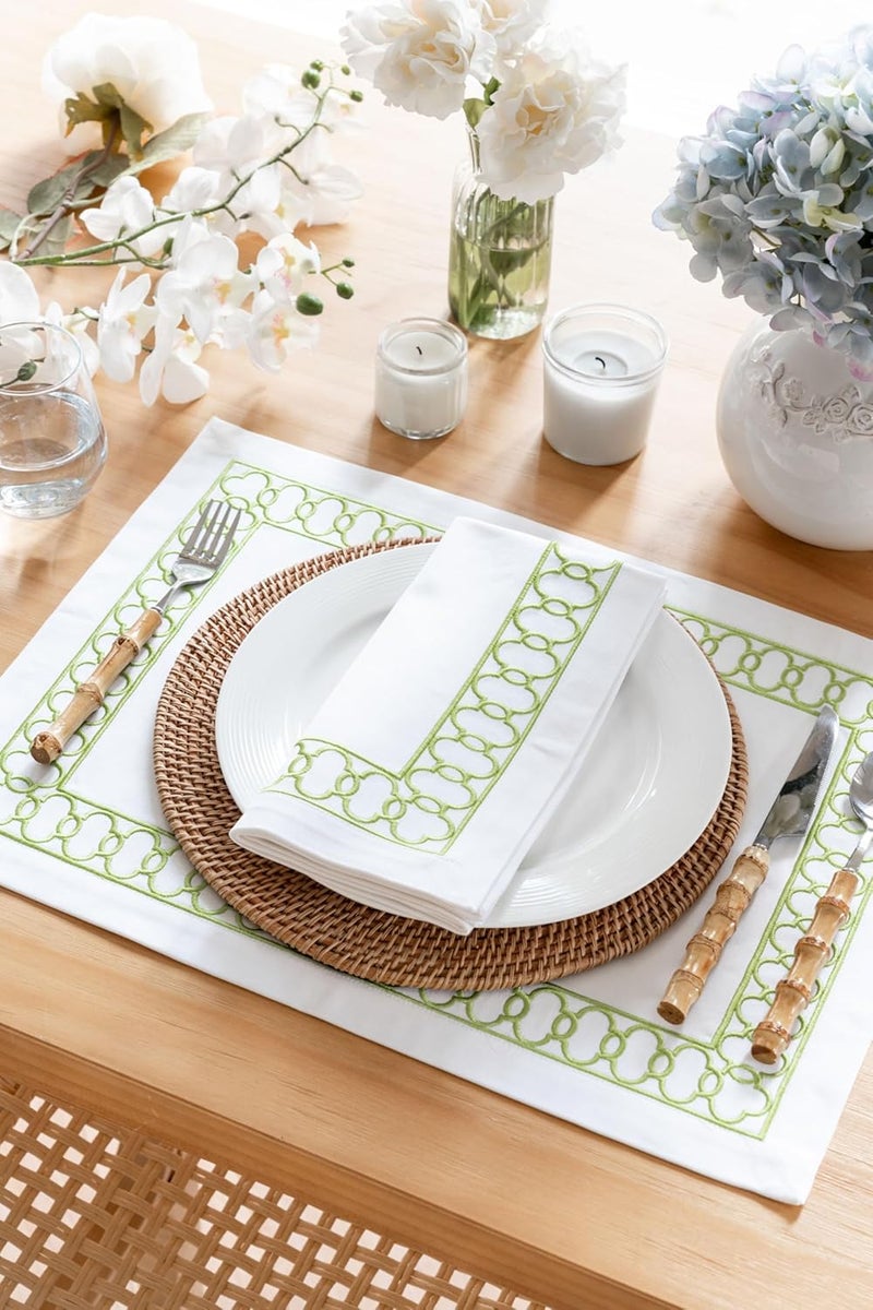 Hofdeco Premium Hofdeco Premium Coastal Patio Indoor Outdoor Placemat Set of 4 14x19 DoubleLayered Waterproof Cloth Placemat for Kitchen or Dining Table Green Embroidered Frame - Image 2