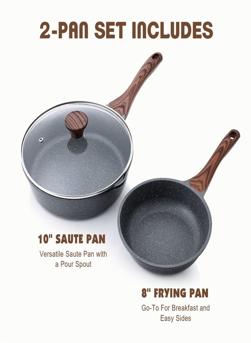roaiss Swiss Granite Coating Non-Stick Frying Pan Skillets (20+26Cm With Lid) With Wooden Handle, Pfoa/Pfos/Apeo Free, Omelette Pans, Healthy Cookware Chef'S Pan, Pfoa Free, Dishwasher Safe,  Black - Image 2