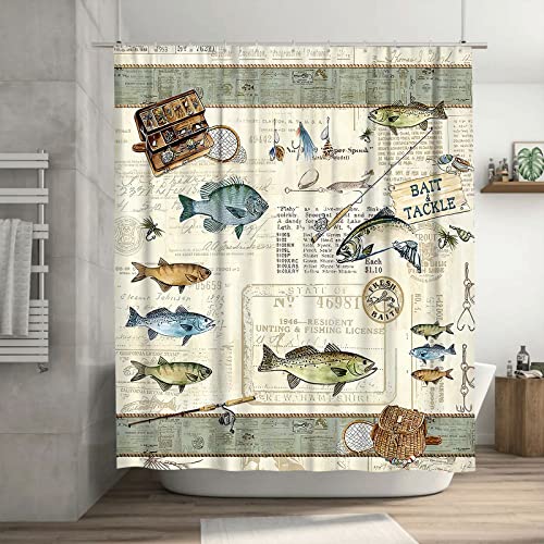 Tourrest Farmhouse Fishing Shower Curtain Cabin Fish Bathroom Shower Curtains Farmhouse Country Rustic Shower Curtain Waterproof Polyester Fabric 60 x 72 Inch - Image 1