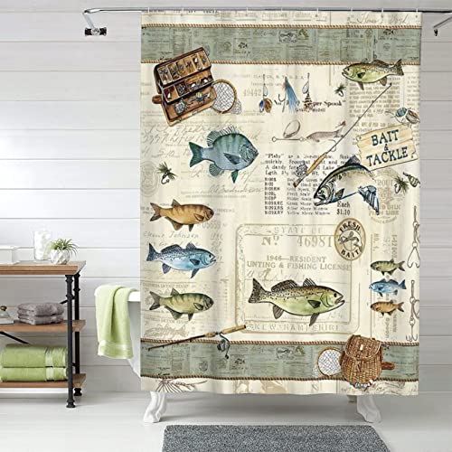 Tourrest Farmhouse Fishing Shower Curtain Cabin Fish Bathroom Shower Curtains Farmhouse Country Rustic Shower Curtain Waterproof Polyester Fabric 60 x 72 Inch - Image 3