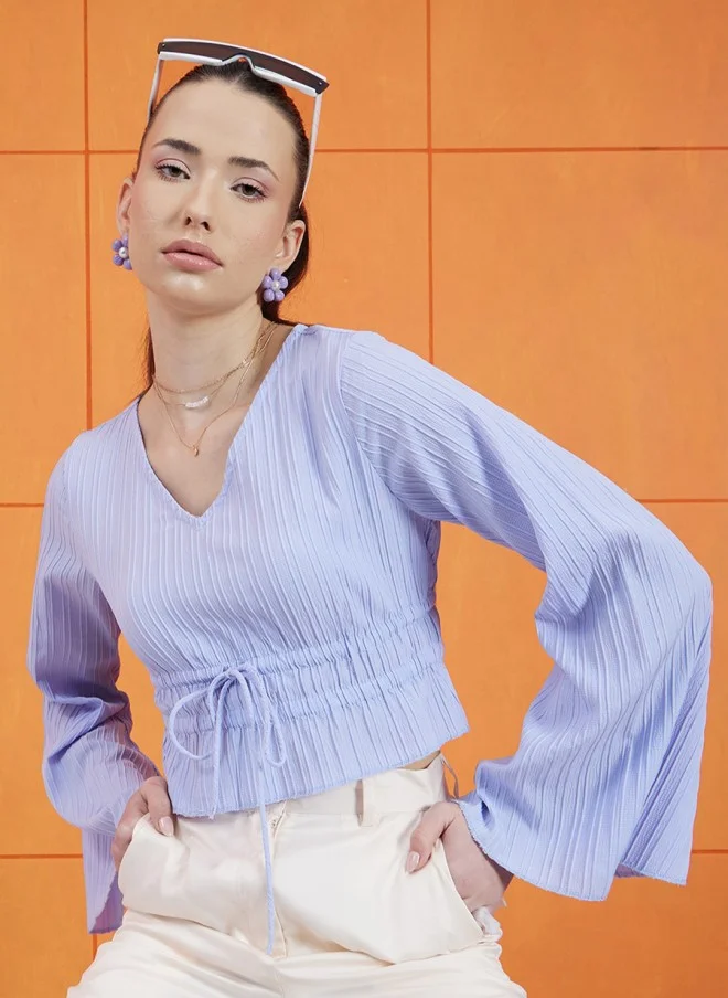 STREET 9 Blue Fitted Crop Top With Flared Sleeves For Women