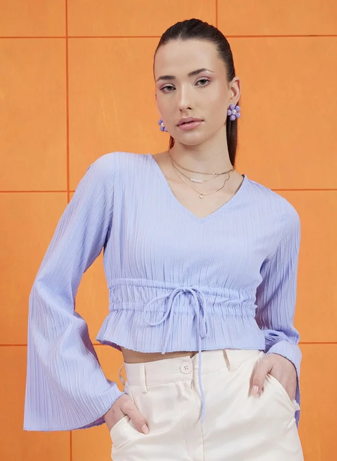 STREET 9 Blue Fitted Crop Top With Flared Sleeves For Women