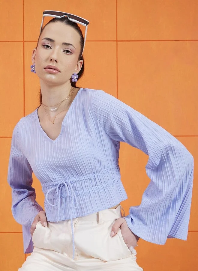 Blue Fitted Crop Top With Flared Sleeves For Women