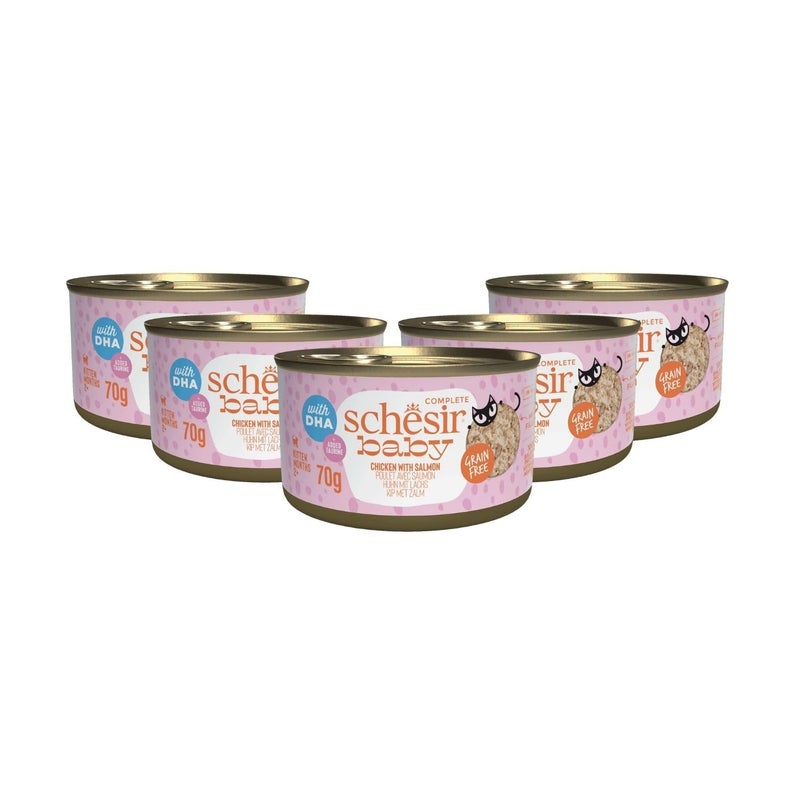Schesir Baby Kitten Wholefood - Chicken & Salmon in Broth, 70g Natural Grain-Free Wet Food High Protein Gentle on Stomach Growth & Immunity Support for Kittens (Pack of 5) - Image 1
